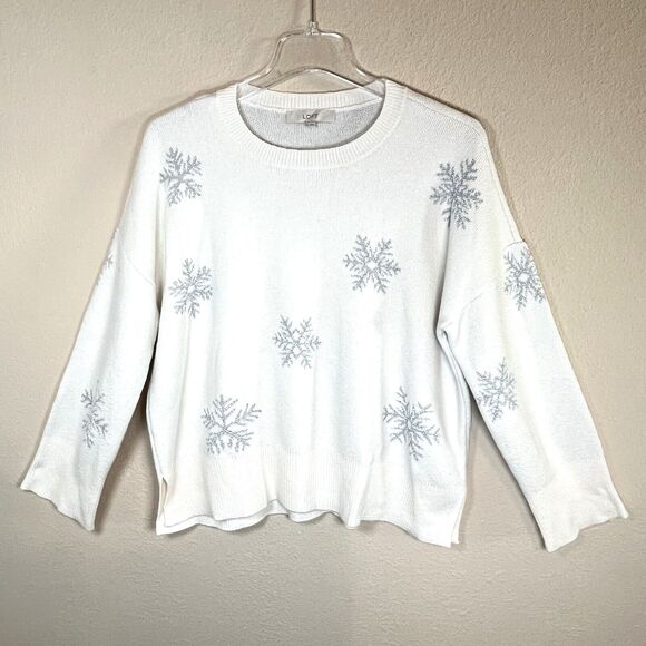 Loft NWT Women XL Shimmer Snowflake Pullover Round Neck Sweater Whisper White - Picture 1 of 10